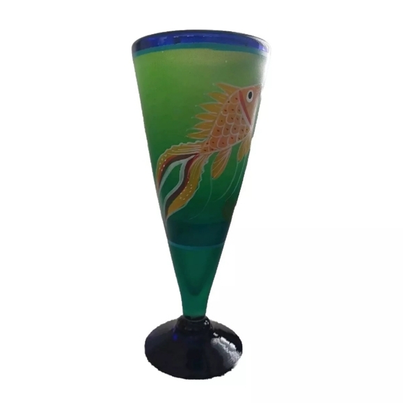 Mexican Goldfish Green Hand Painted Cocktail Glass Cobalt Blue Bottom & Rim - Picture 2 of 4